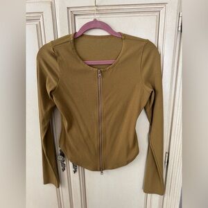 Olive Green Ribbed Zip-Up Top